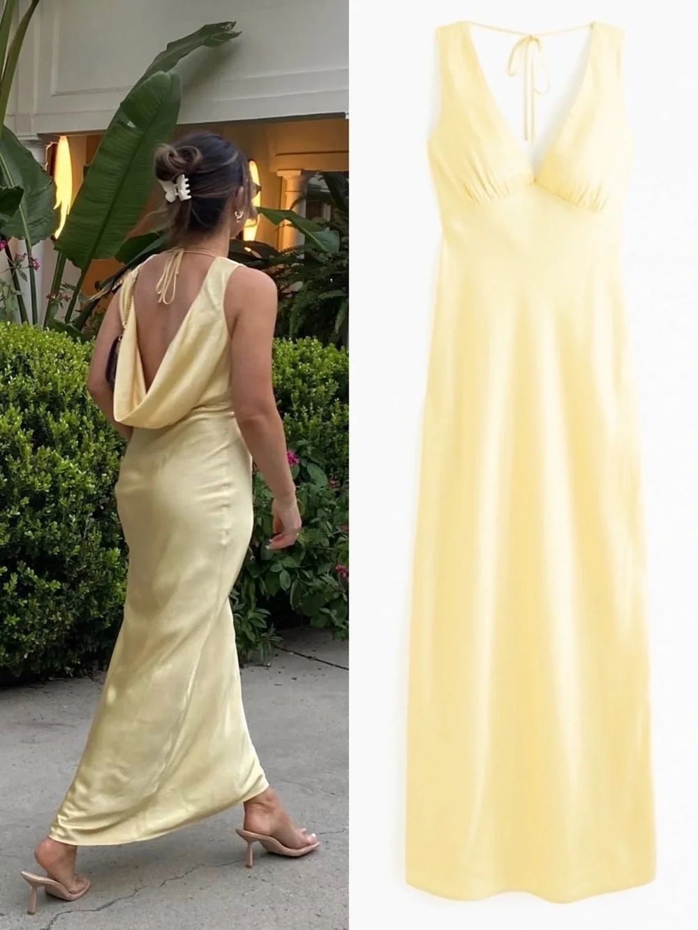 NWT Abercrombie & Fitch Plunge Cowl Back Satin Maxi Dress Yellow XL Tall